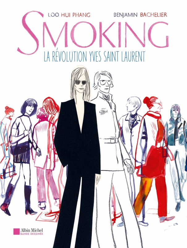Cover de la BD "Smoking, la révolution Yves Saint Laurent", illustration d'Yves Saint Laurent et un de ses modèles en premier plan avec des passants qui marchent en second plan