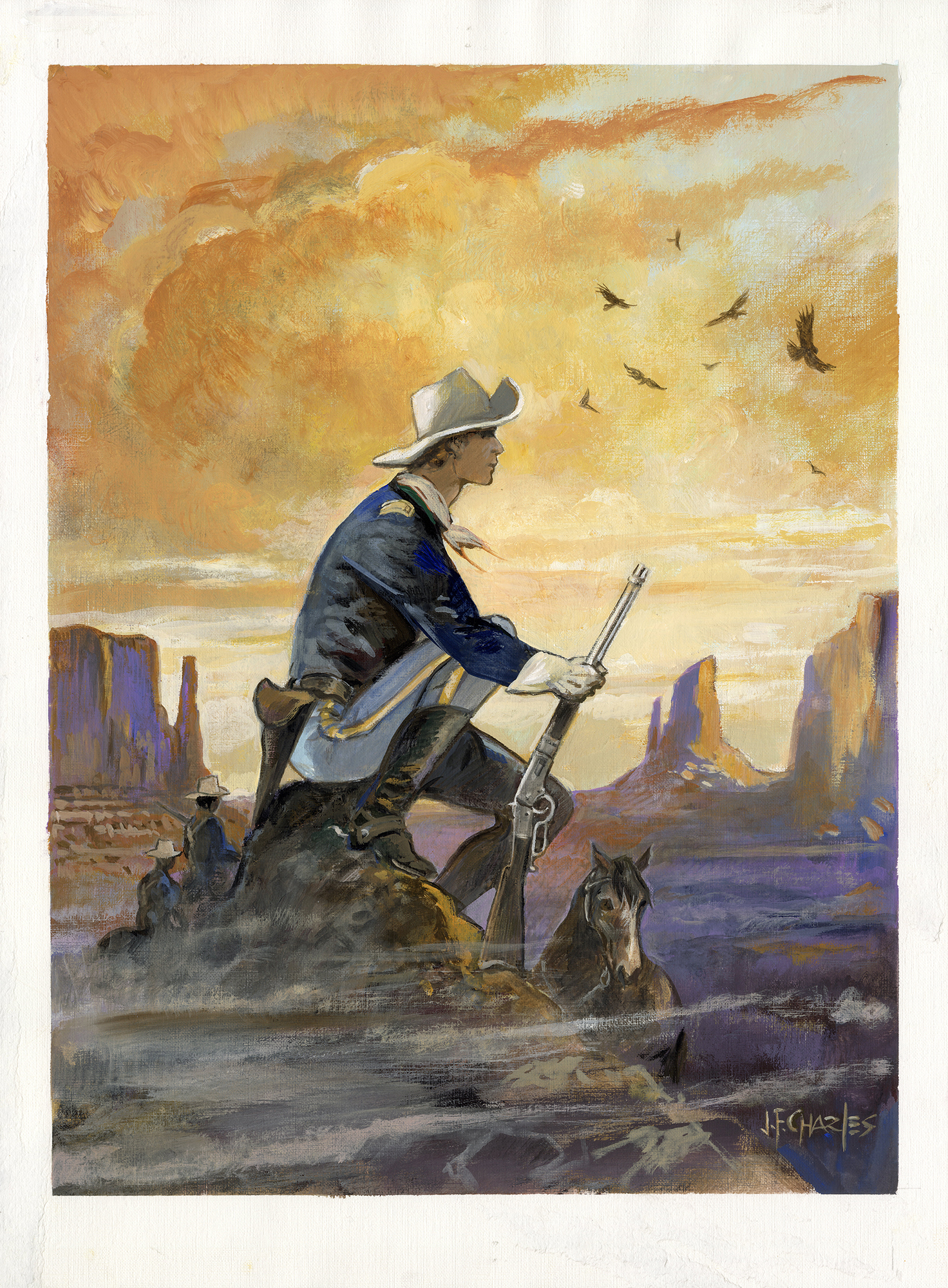 Un cow-boy en uniforme est assis sur un rocher avec un fusil, surplombant un canyon au coucher du soleil. Un cheval se tient à ses côtés et des oiseaux volent dans le ciel.