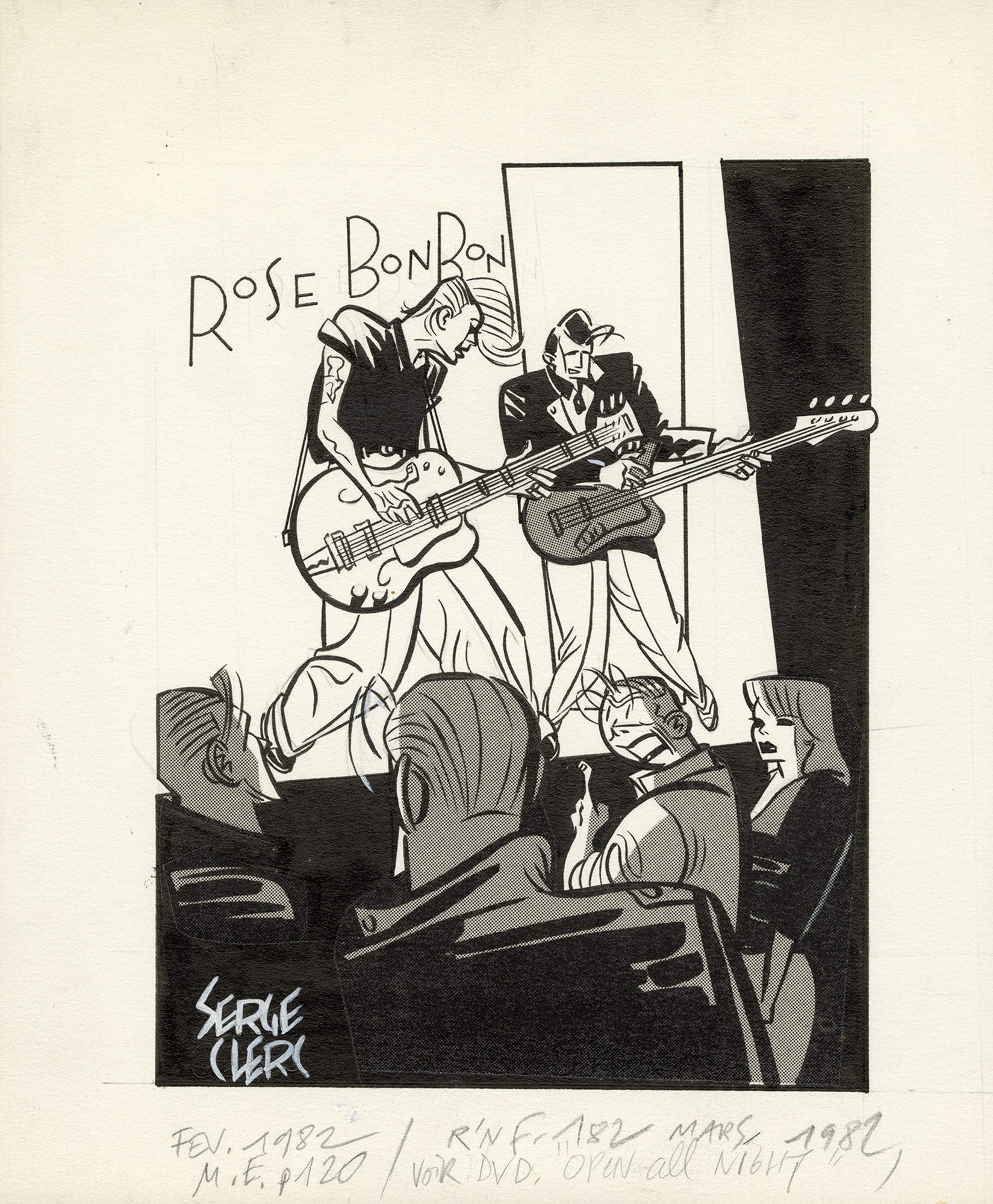 Illustration en noir et blanc représentant deux guitaristes jouant sur scène sous le nom « Rose Bonbon » devant un public, créée par Serge Clerc. Des notes manuscrites apparaissent en bas de l'image.