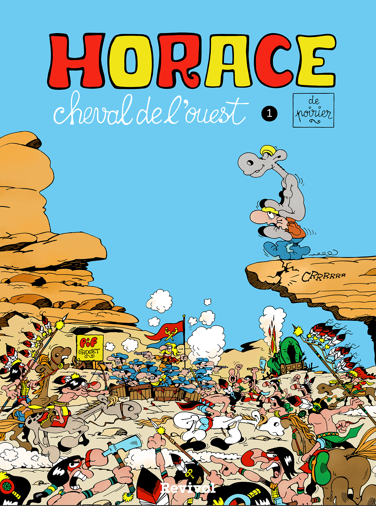 Horace le cheval gris est assis sur les épaule d'un cow-boy sur le rebord d'un canyon, perché en haut d'un rocher prêt à craquer au-dessus d'une scène western de guerre entre cow-boys et colons, des animaux et le chaos en contrebas.
