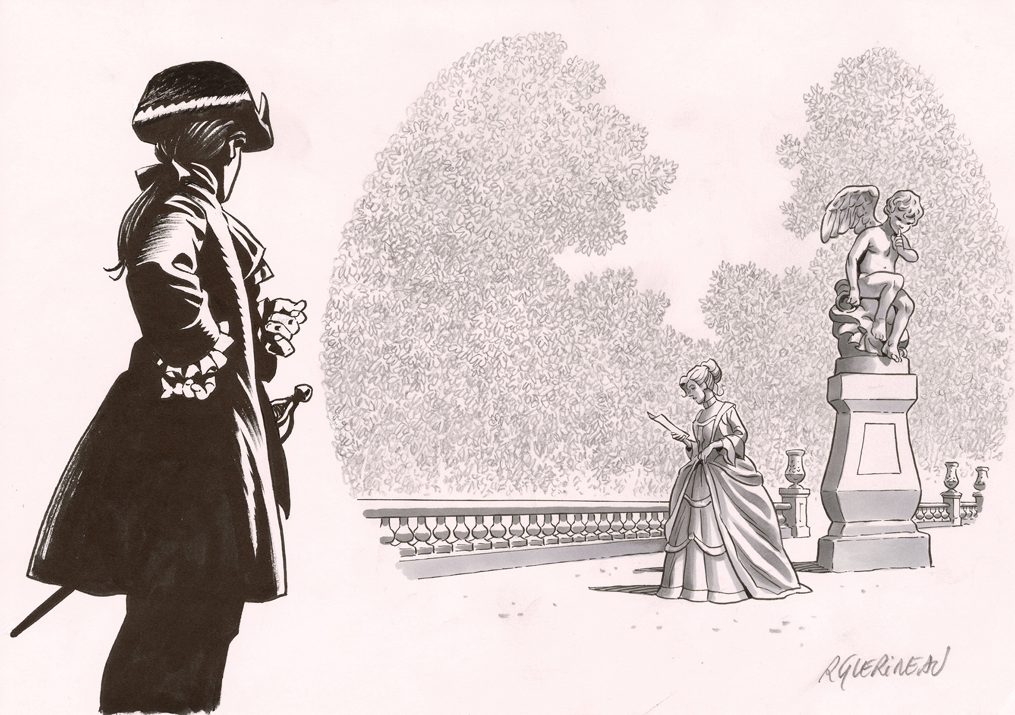Illustration de Richard Guérineau en noir et blanc d’une scène dans un jardin du XVIIIᵉ siècle : un homme observe une femme en robe lisant une lettre près d’une statue d’angelot.