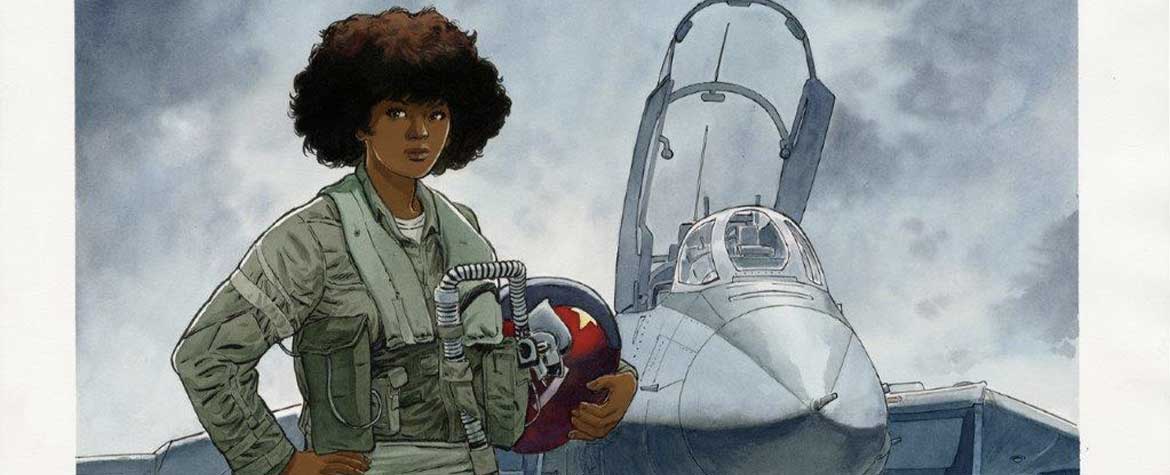 Illustration couleur d’une pilote en combinaison devant un avion de chasse, tenant un casque.