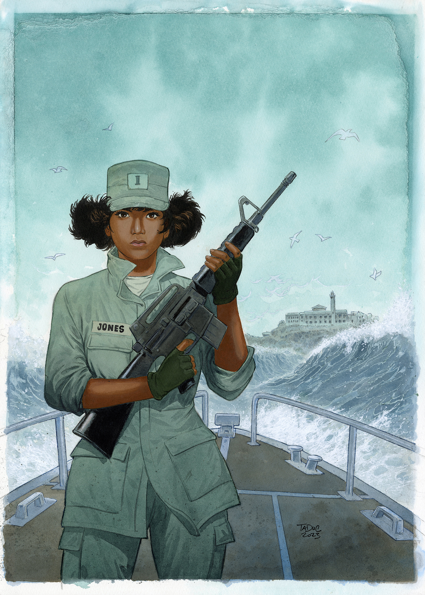Illustration d'Olivier TaDuc en couleur représentant une femme soldat de face tenant un fusil sur un bateau, avec une mer agitée et une île en arrière-plan.