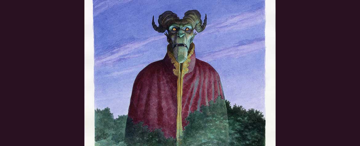 Illustration couleur d’une créature géante à cornes dominant une forêt, avec deux personnages au premier plan près de rochers.