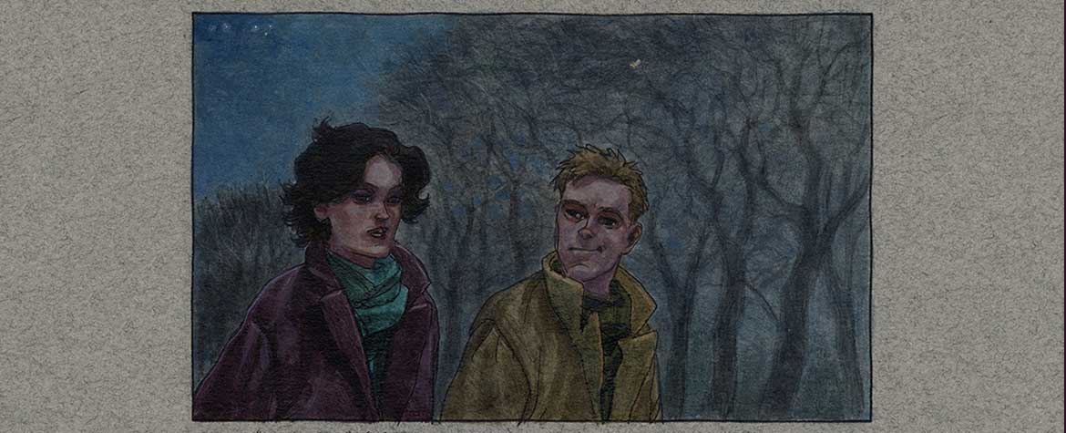 Illustration sombre de deux personnages marchant dans une forêt nocturne, entourés d’arbres nus.