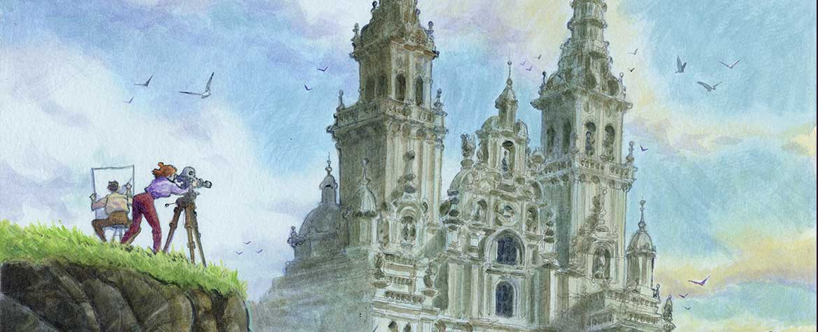Illustration couleur d’une cathédrale au bord de la mer, avec des vagues, des mouettes. Un peintre et une cameraman sont sur une falaise balayée par le vent.