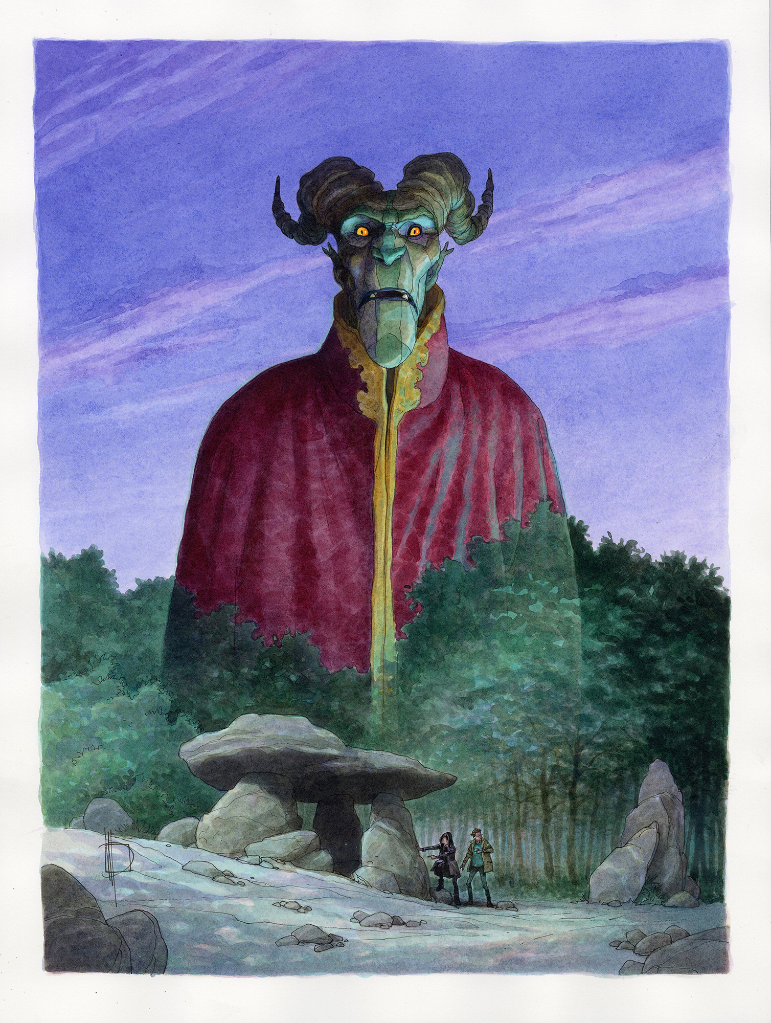 Illustration couleur d’une créature géante à cornes dominant une forêt, avec deux personnages au premier plan près de rochers.
