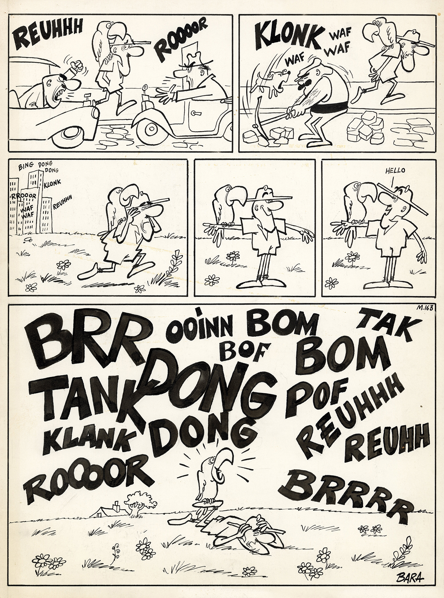 Planche de bande dessinée humoristique de Guy Bara en noir et blanc montrant un homme et un perroquet, avec de grandes onomatopées envahissant les cases.