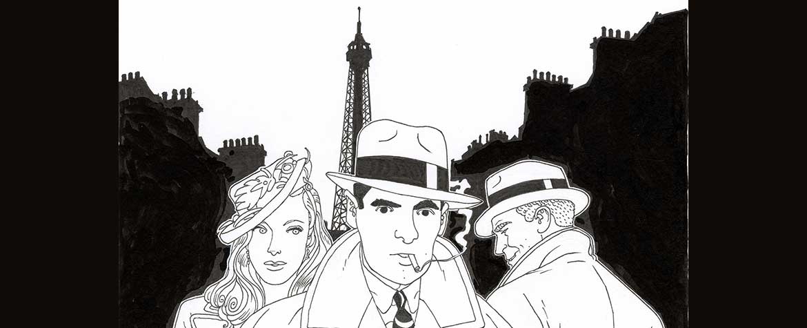 Illustration en noir et blanc d’un détective en trench-coat et chapeau, avec deux personnages en arrière-plan et la tour Eiffel.