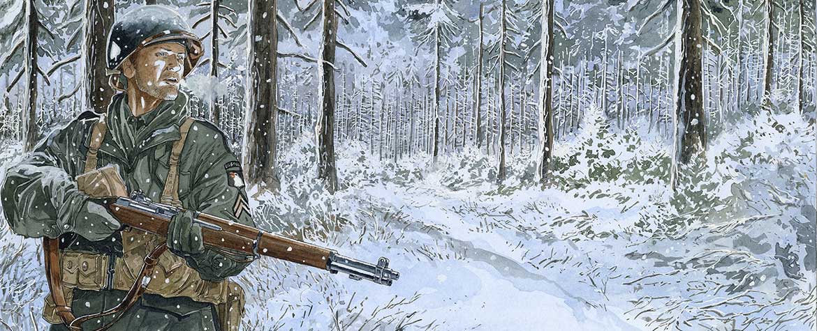 Illustration de Philippe Jarbinet en couleur d'un soldat américain en premier plan d'une forêt enneigée, équipés d'un fusils.
