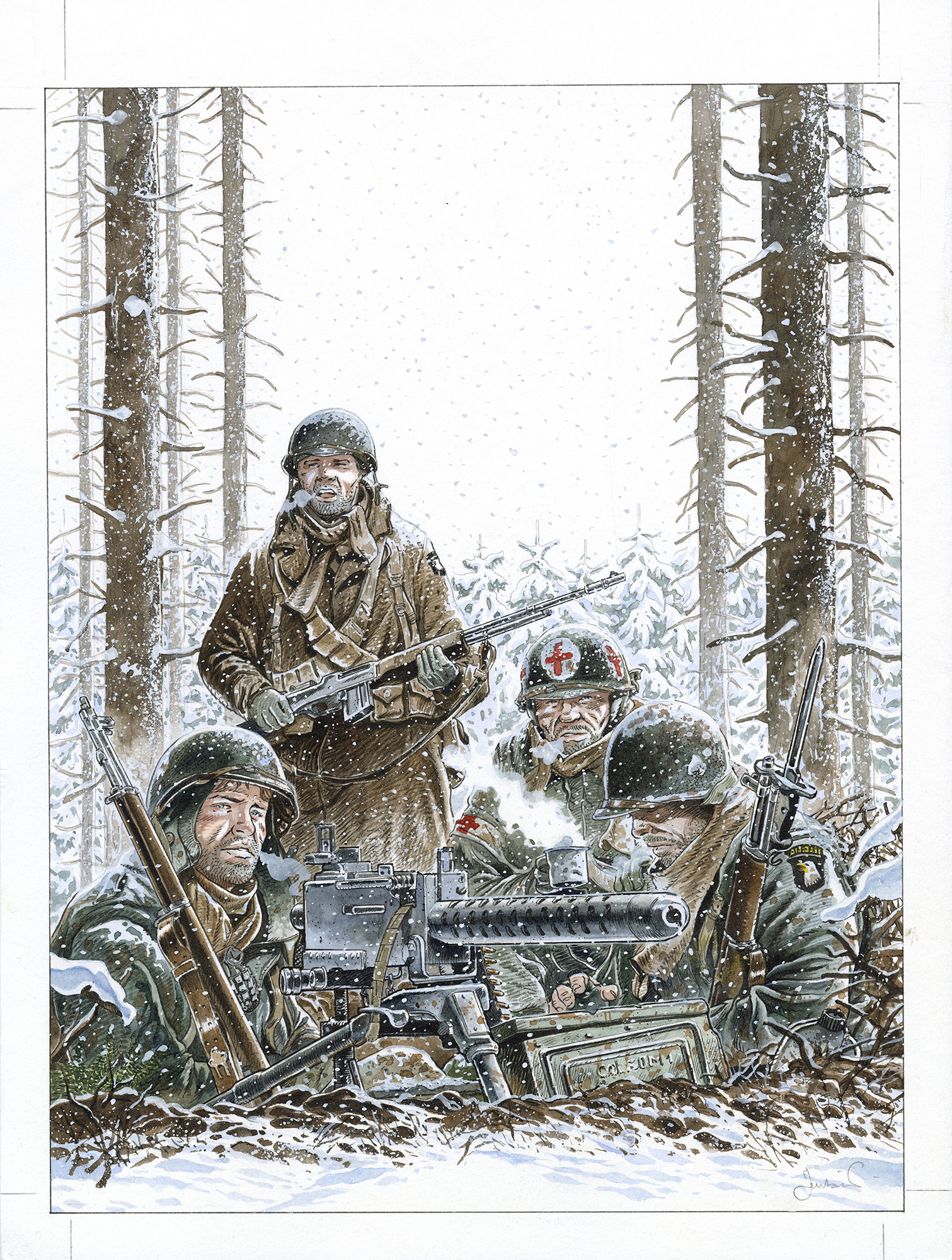Illustration de Philippe Jarbinet en couleur de soldats américains dans une forêt enneigée, équipés de fusils et d’une mitrailleuse.